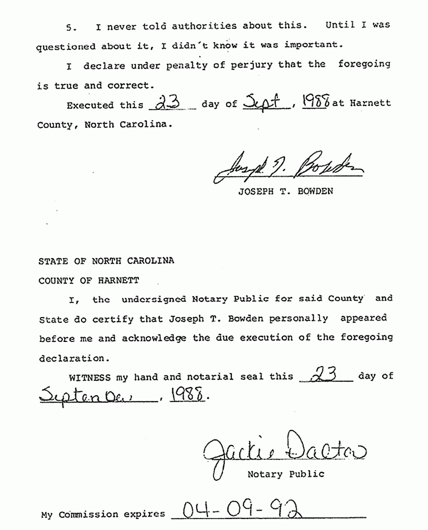 September 23, 1988: Declaration of Joseph Bowden re: Jury Foreman David Hardison (U.S. vs. Jeffrey MacDonald, 1979), p. 2 of 2
