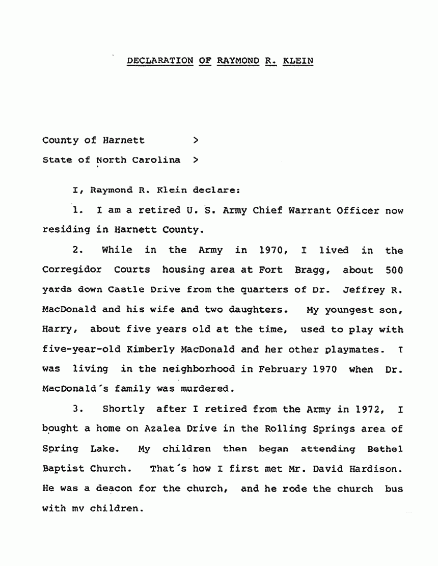 September 23, 1988: Declaration of Raymond Klein re: Jury Foreman David Hardison (U.S. vs. Jeffrey MacDonald, 1979) p. 1 of 3