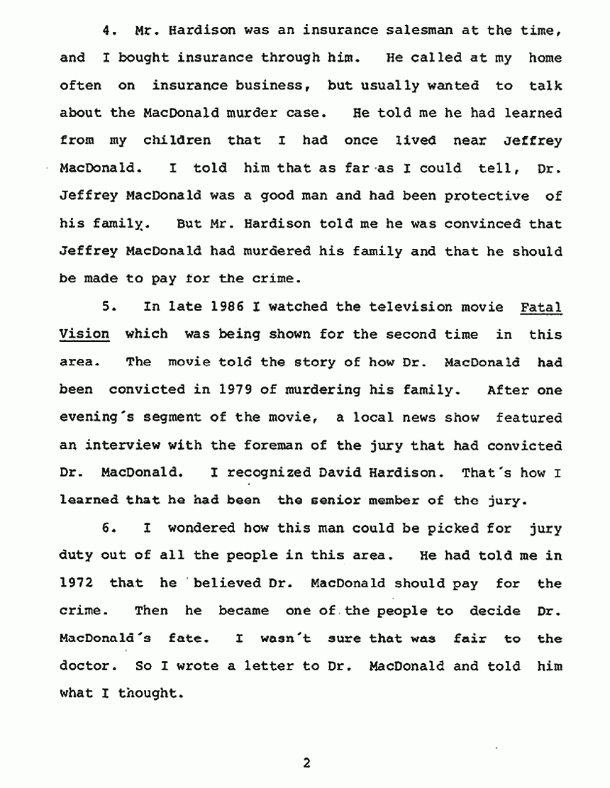 September 23, 1988: Declaration of Raymond Klein re: Jury Foreman David Hardison (U.S. vs. Jeffrey MacDonald, 1979) p. 2 of 3