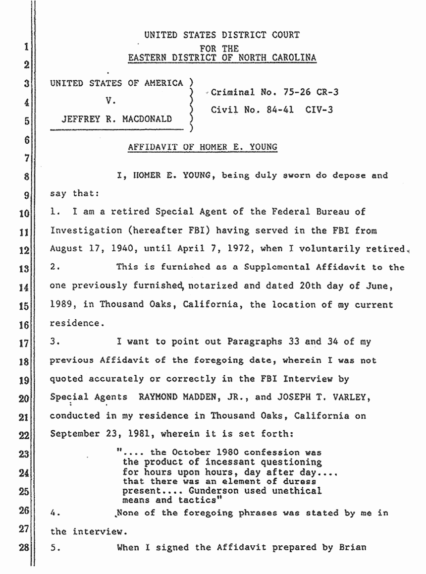 October 11, 1989: Affidavit of Homer Young (FBI, retired) re: his June 20, 1989 Affidavit p. 1 of 2