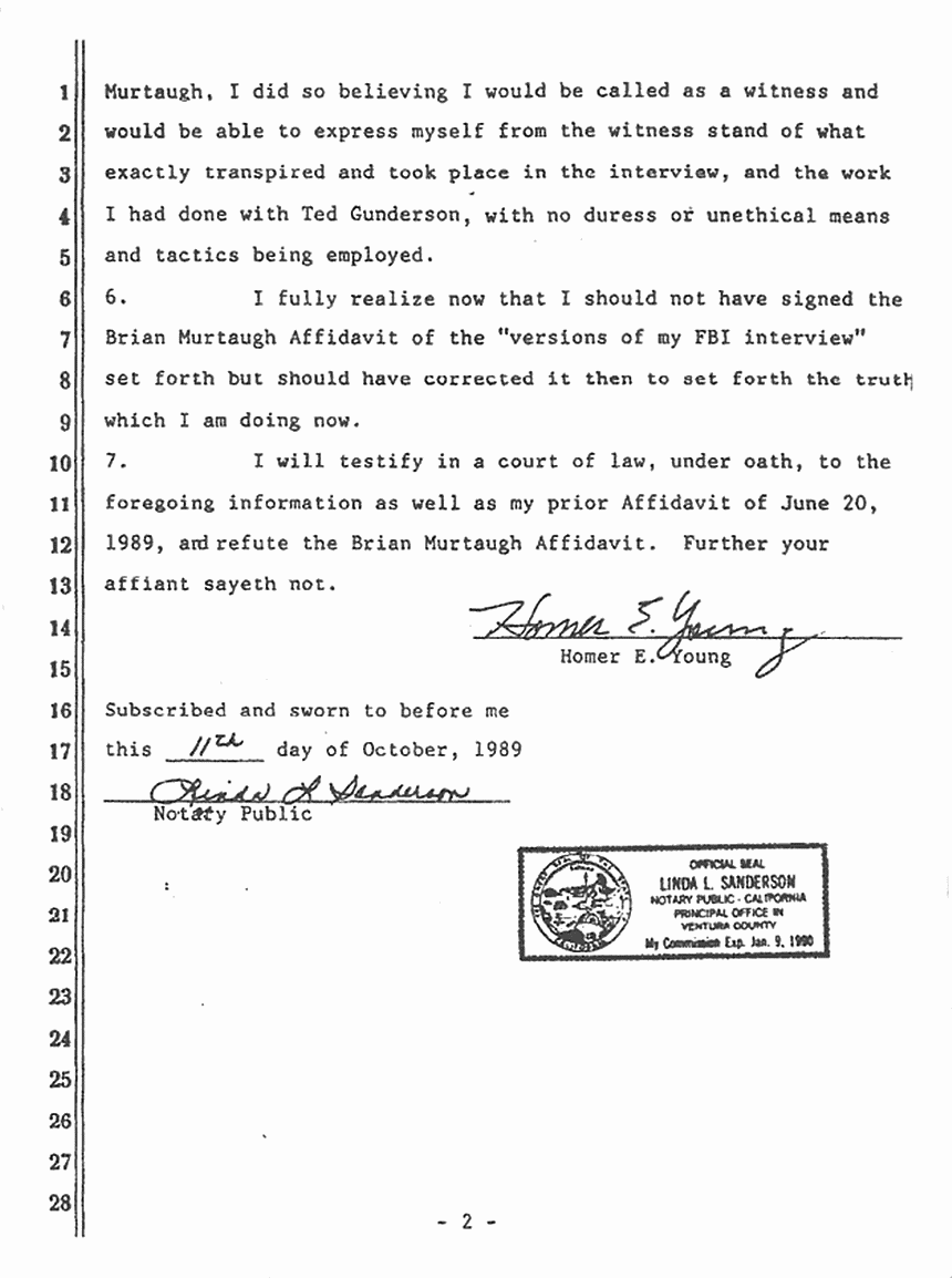October 11, 1989: Affidavit of Homer Young (FBI, retired) re: his June 20, 1989 Affidavit p. 2 of 2