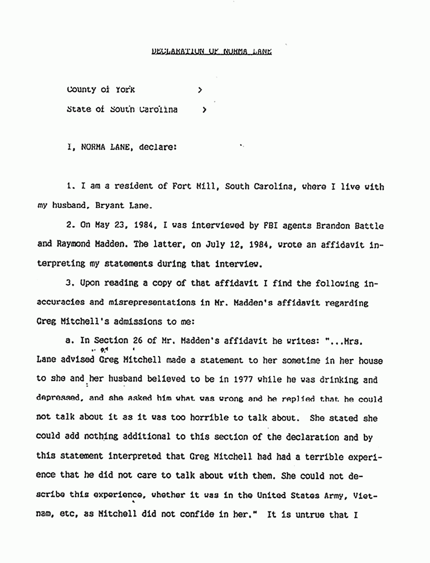 October 23, 1989: Declaration of Norma Lane re: Raymond Madden and Greg Mitchell, p. 1 of 3