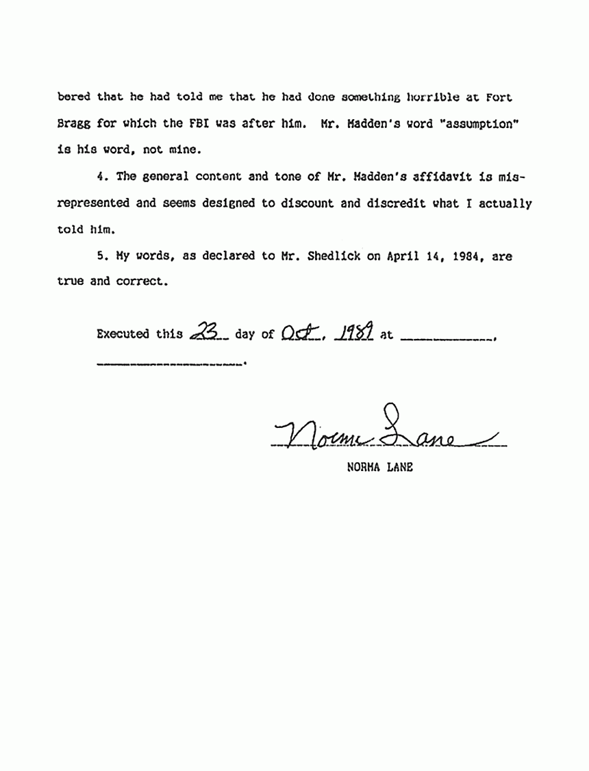 October 23, 1989: Declaration of Norma Lane re: Raymond Madden and Greg Mitchell, p. 3 of 3