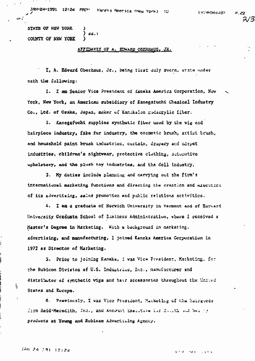 January 24, 1991: Affidavit of Edward Oberhaus re: Synthetic Fibers Used in Wigs p. 1 of 2
