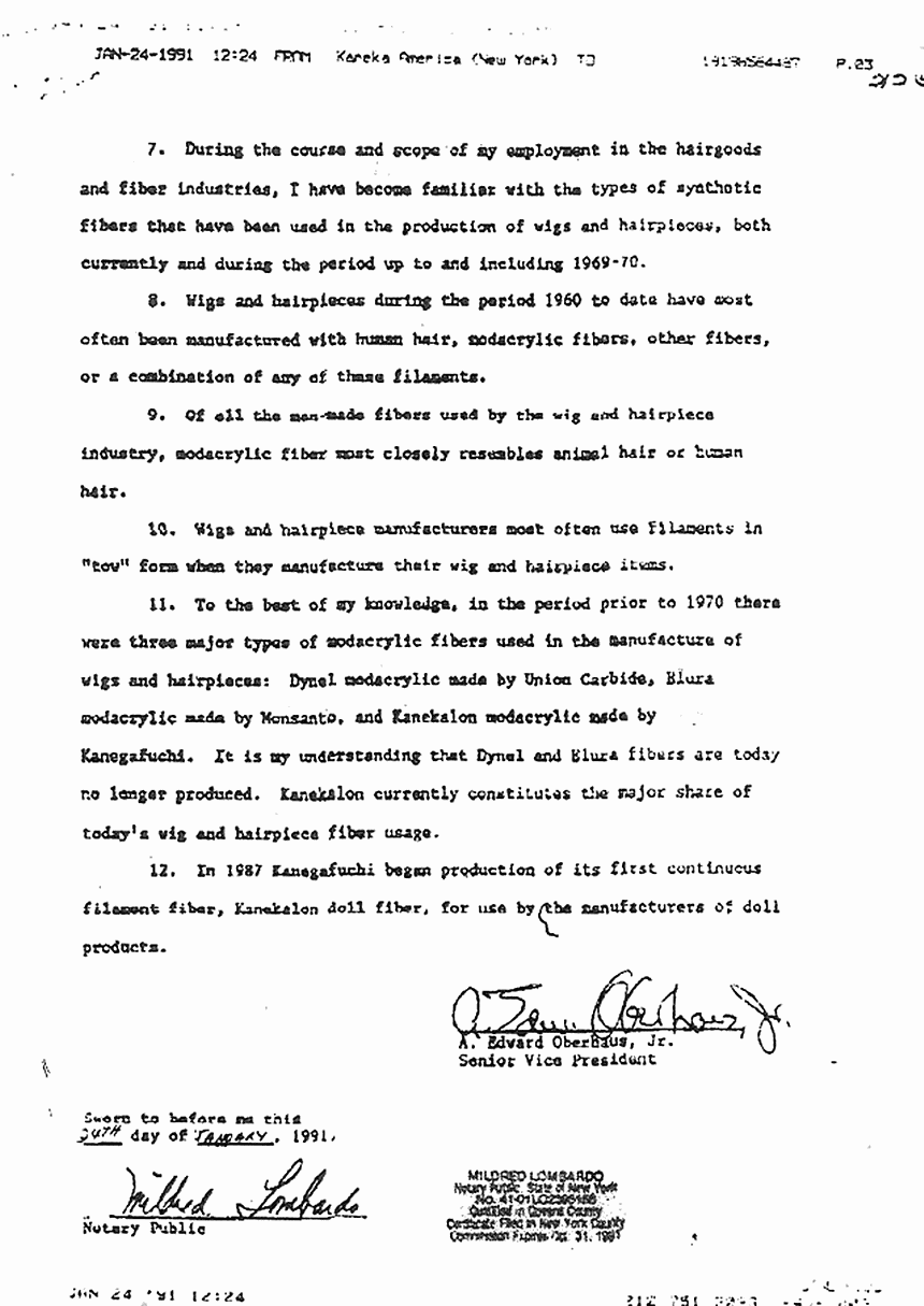 January 24, 1991: Affidavit of Edward Oberhaus re: Synthetic Fibers Used in Wigs p. 2 of 2