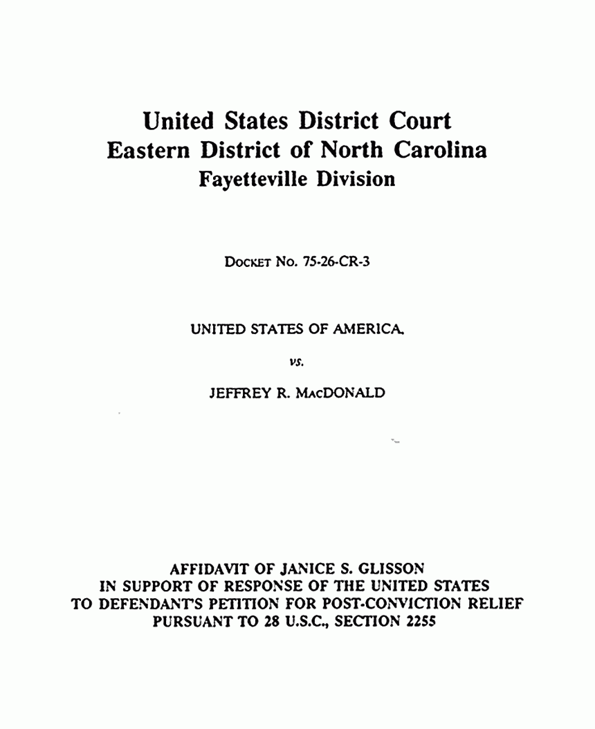 February 5, 1991: Affidavit of Janice Glisson (CID Lab Examiner) re: Examinations of Physical Evidence, p. 1 of 8