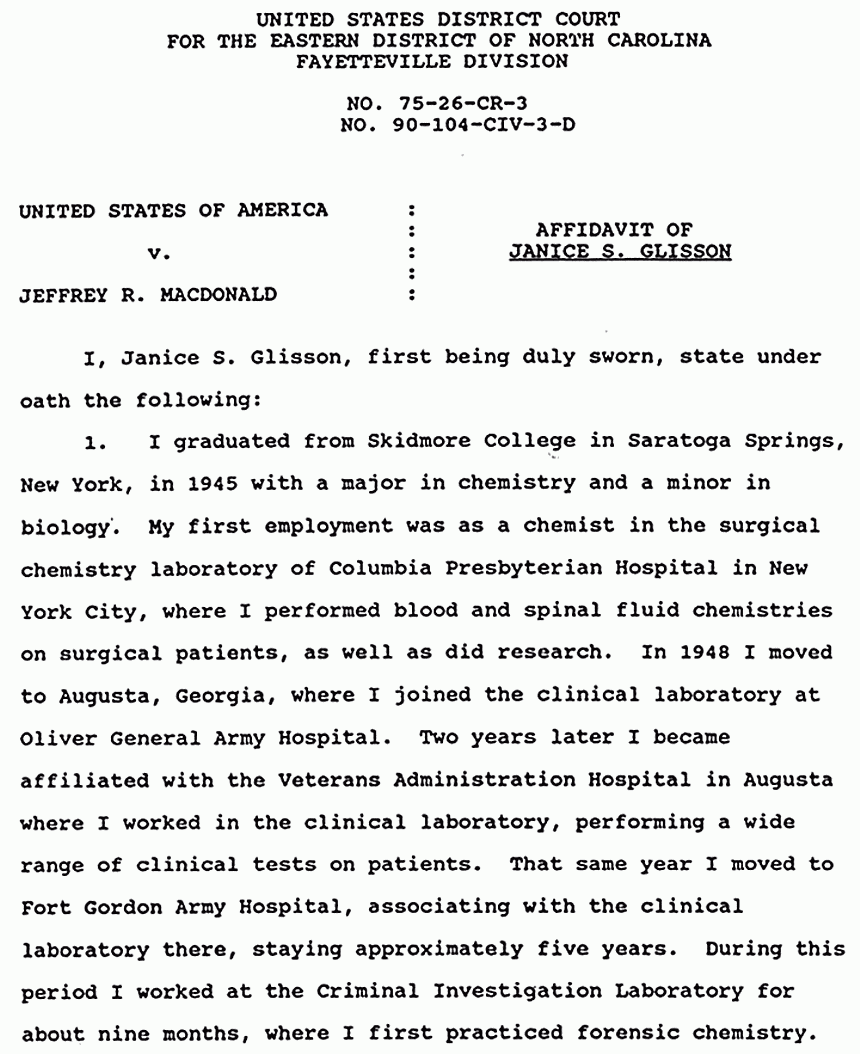 February 5, 1991: Affidavit of Janice Glisson (CID Lab Examiner) re: Examinations of Physical Evidence, p. 2 of 8