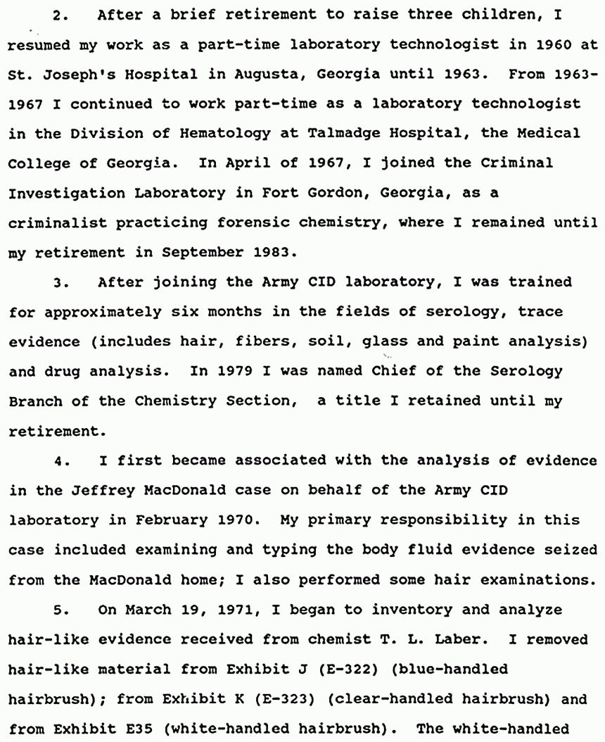 February 5, 1991: Affidavit of Janice Glisson (CID Lab Examiner) re: Examinations of Physical Evidence, p. 3 of 8