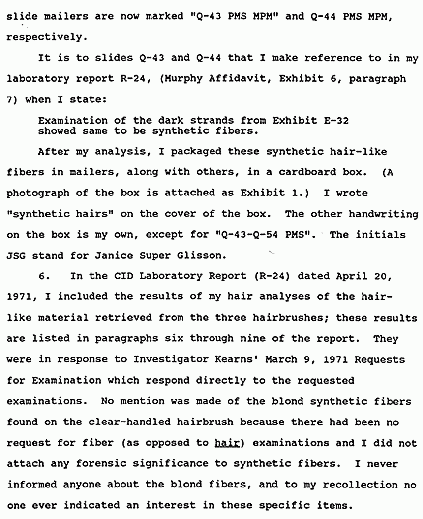 February 5, 1991: Affidavit of Janice Glisson (CID Lab Examiner) re: Examinations of Physical Evidence, p. 6 of 8