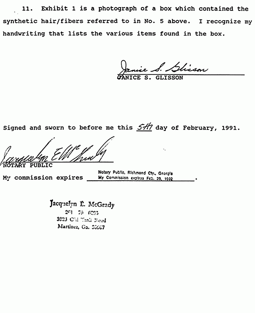 February 5, 1991: Affidavit of Janice Glisson (CID Lab Examiner) re: Examinations of Physical Evidence, p. 8 of 8