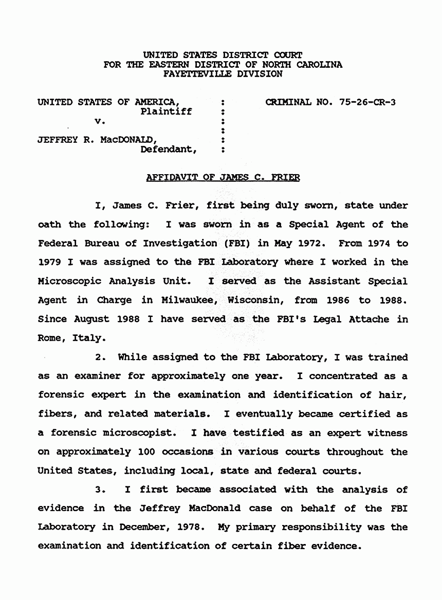 February 8, 1991: Affidavit of James Frier (FBI) re: Examinations of Physical Evidence p. 1 of 5