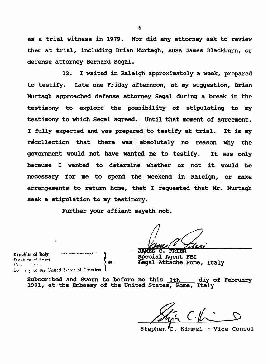 February 8, 1991: Affidavit of James Frier (FBI) re: Examinations of Physical Evidence, p. 5 of 5