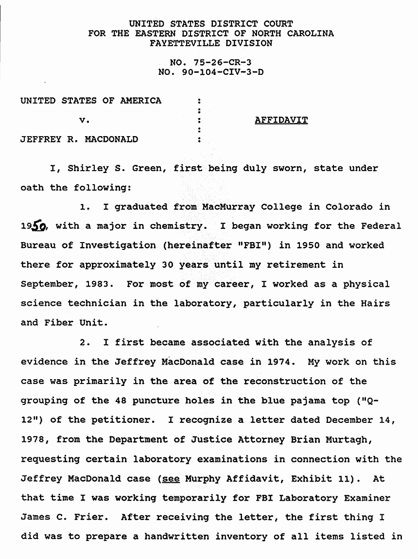 February 13, 1991: Affidavit of Shirley Green (FBI) re: Examinations of Physical Evidence p. 1 of 5
