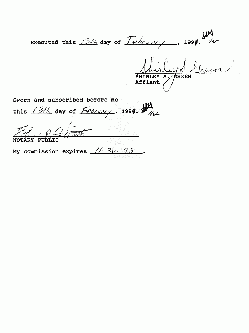February 13, 1991: Affidavit of Shirley Green (FBI) re: Examinations of Physical Evidence, p. 5 of 5