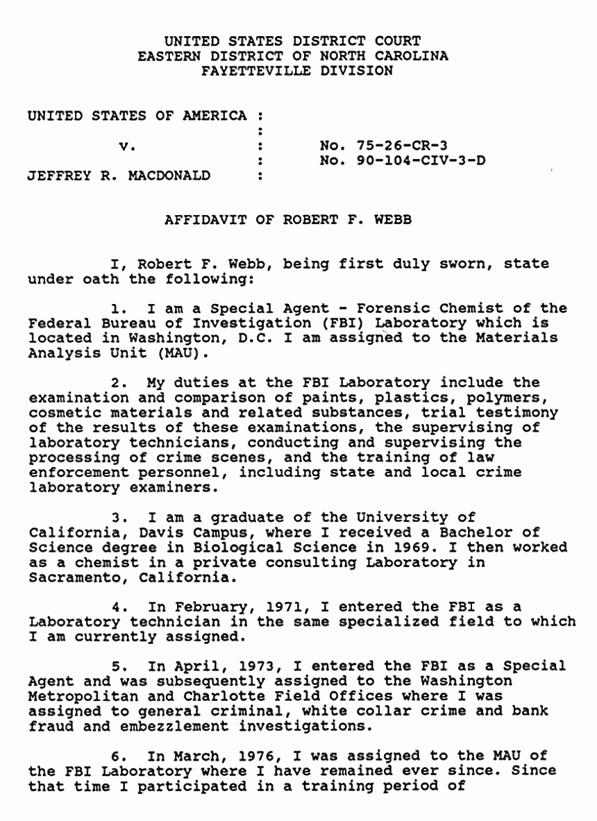 February 13, 1991: Affidavit of Rober Webb (FBI Forensic Chemist) re: Synthetic Fibers p. 1 of 3