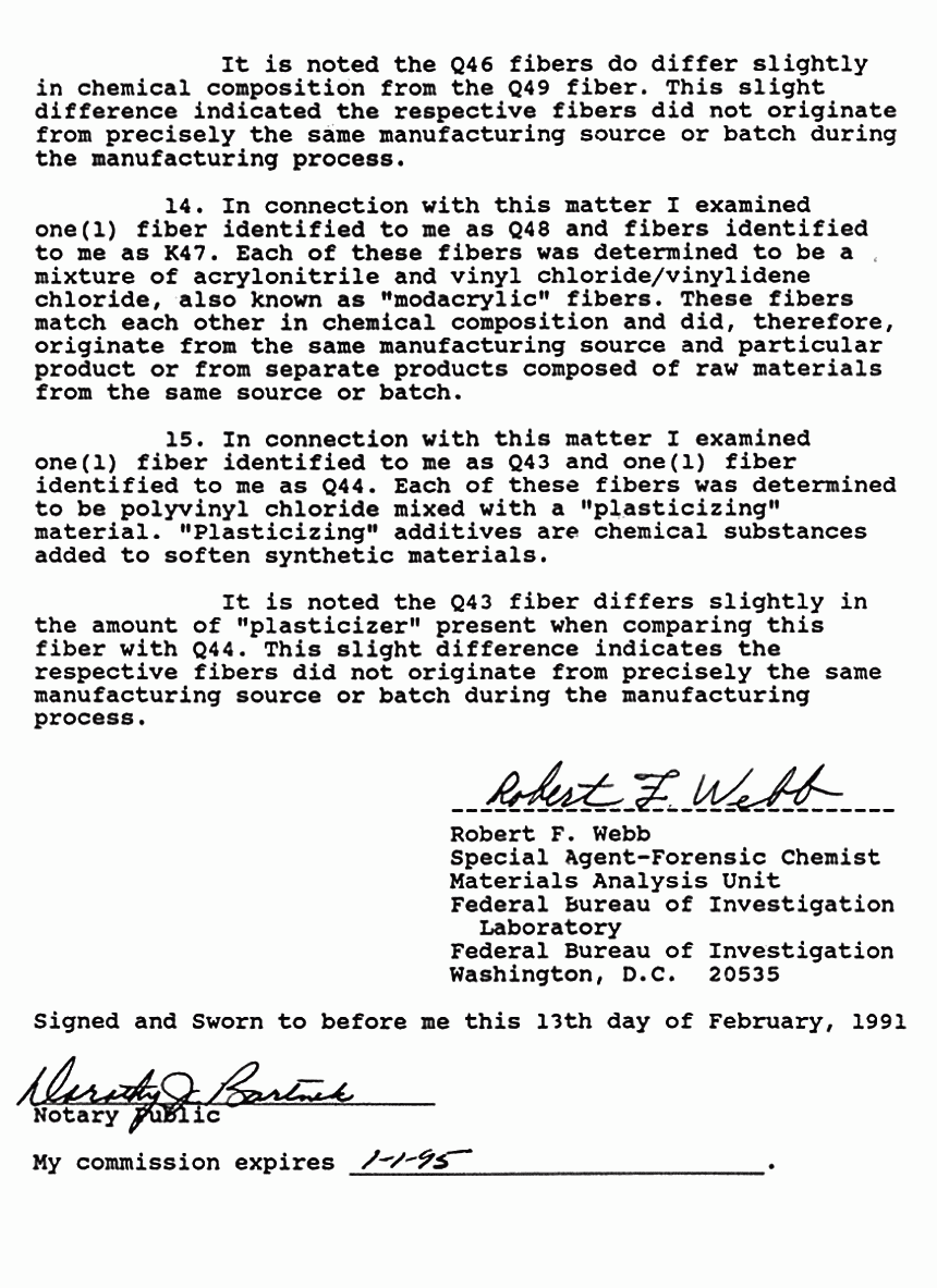 February 13, 1991: Affidavit of Rober Webb (FBI Forensic Chemist) re: Synthetic Fibers p. 3 of 3
