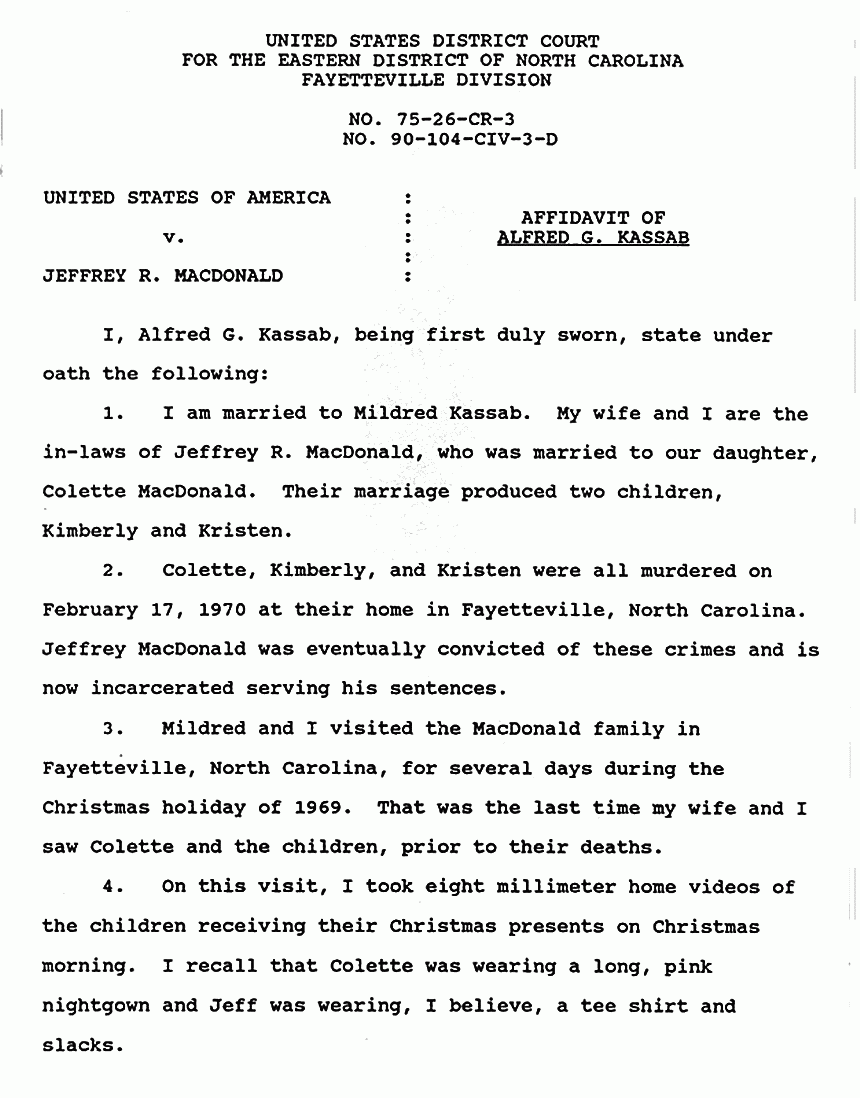 February 14, 1991: Affidavit of Alfred Kassab re: Dolls, falls and wigs beloning to Colette MacDonald,and other household items, p. 1 of 4