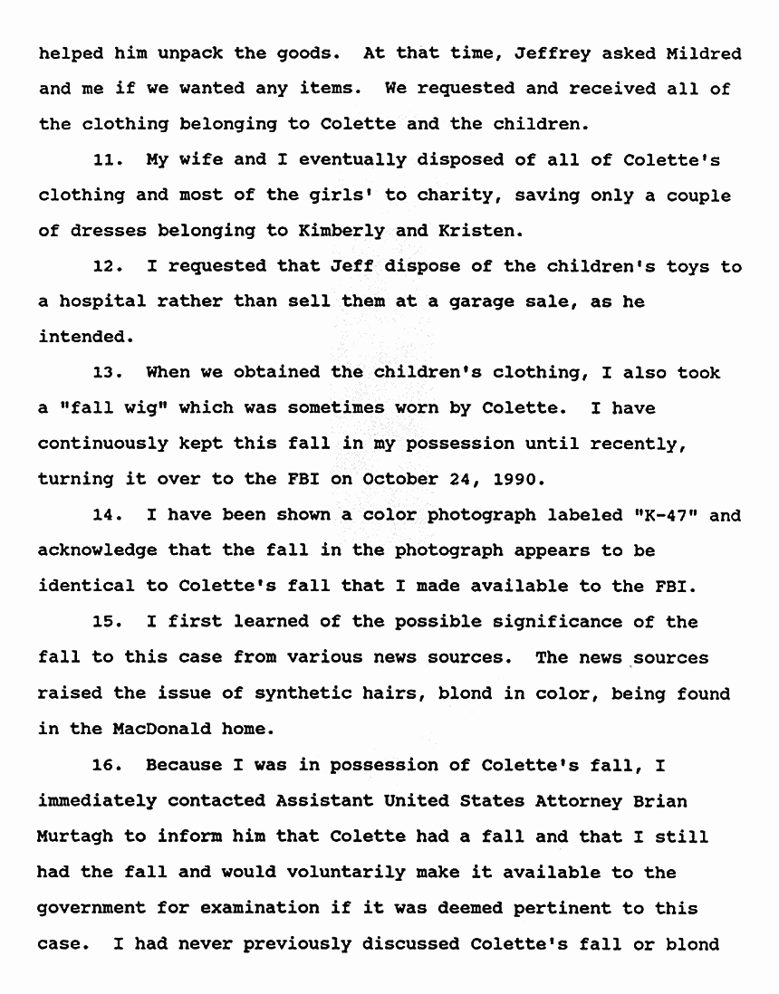 February 14, 1991: Affidavit of Alfred Kassab re: Dolls, falls and wigs beloning to Colette MacDonald,and other household items, p. 3 of 4