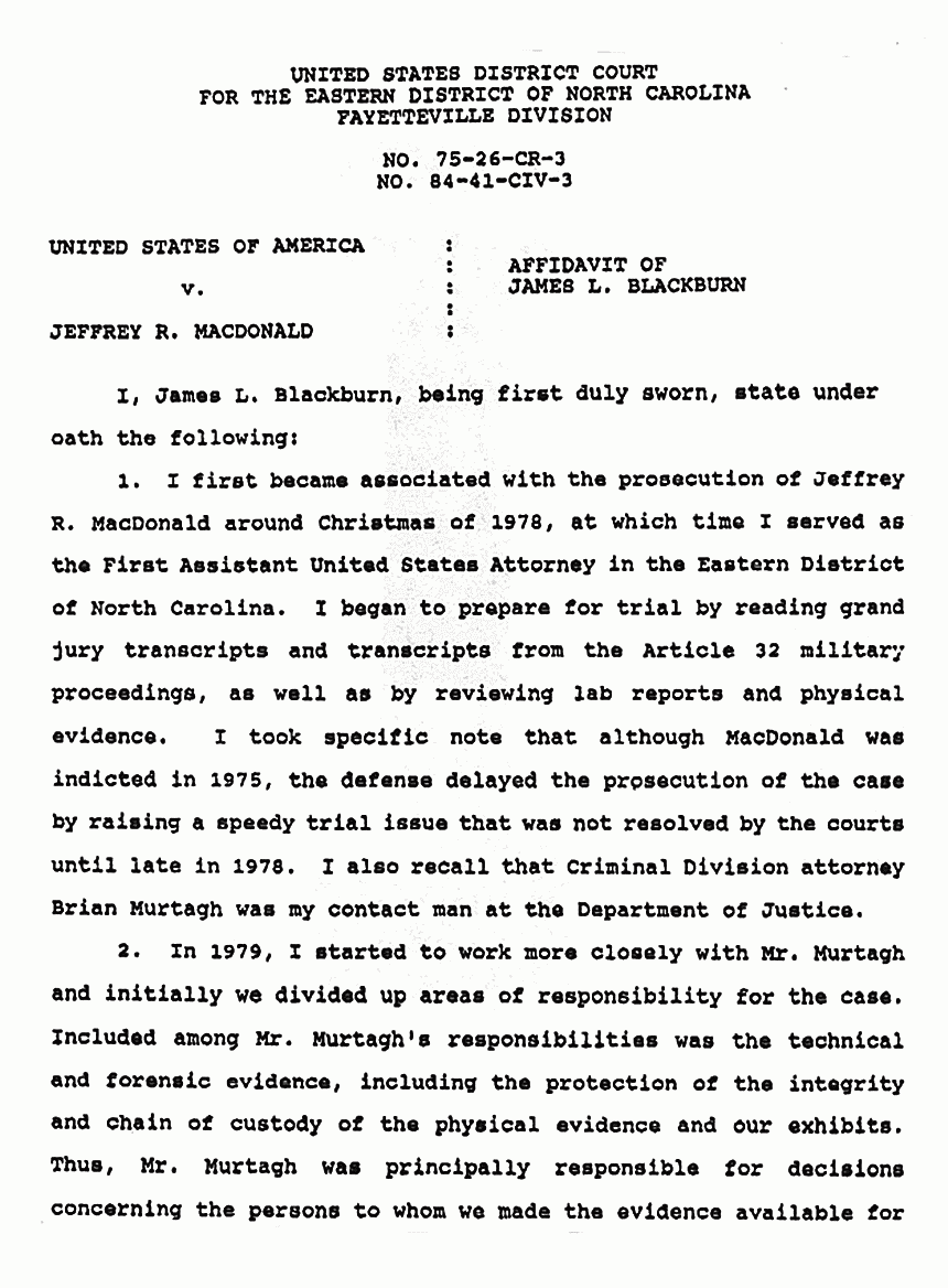 February 18, 1991: Affidavit of James Blackburn re: Chain of Custody and Discovery p. 1 of 3