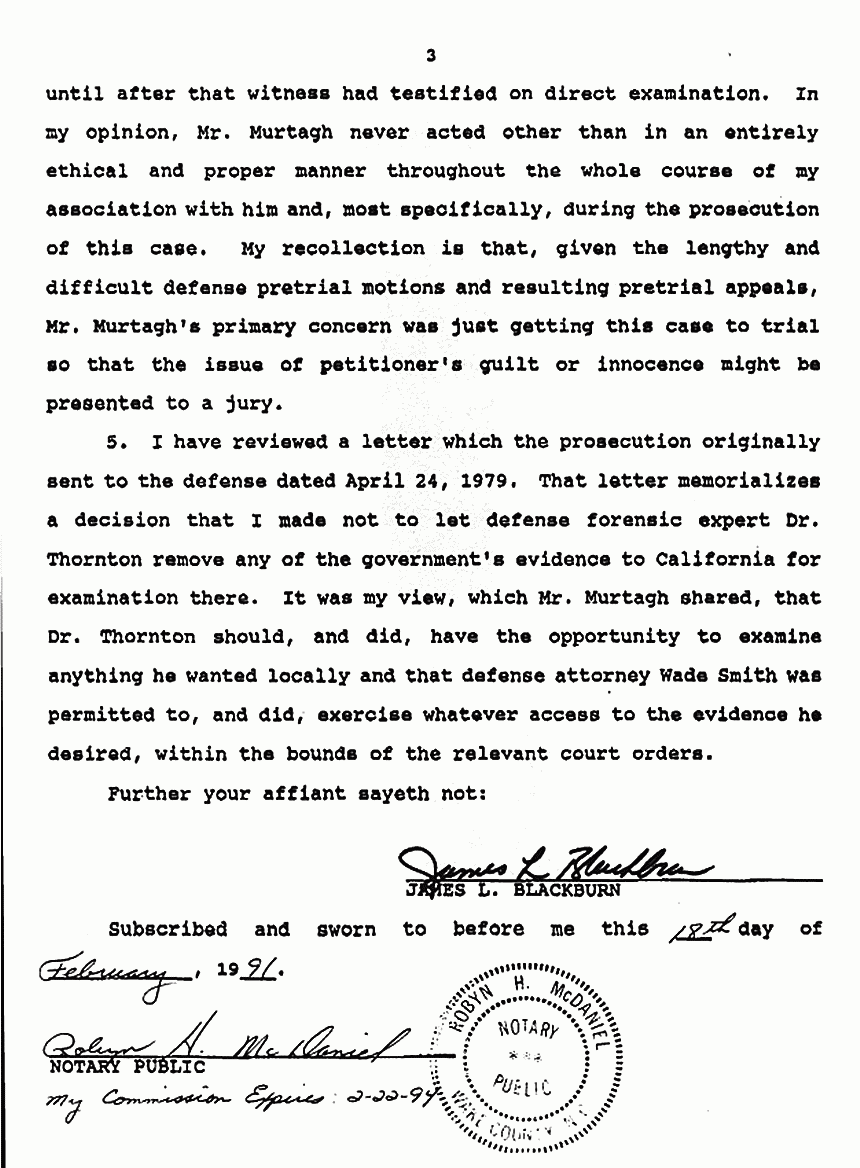 February 18, 1991: Affidavit of James Blackburn re: Chain of Custody and Discovery p. 3 of 3