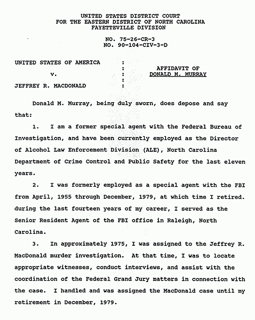 February 18, 1991: Affidavit of Donald Murray (FBI, retired) re: Chain of Custody and Discovery, p. 1 of 4