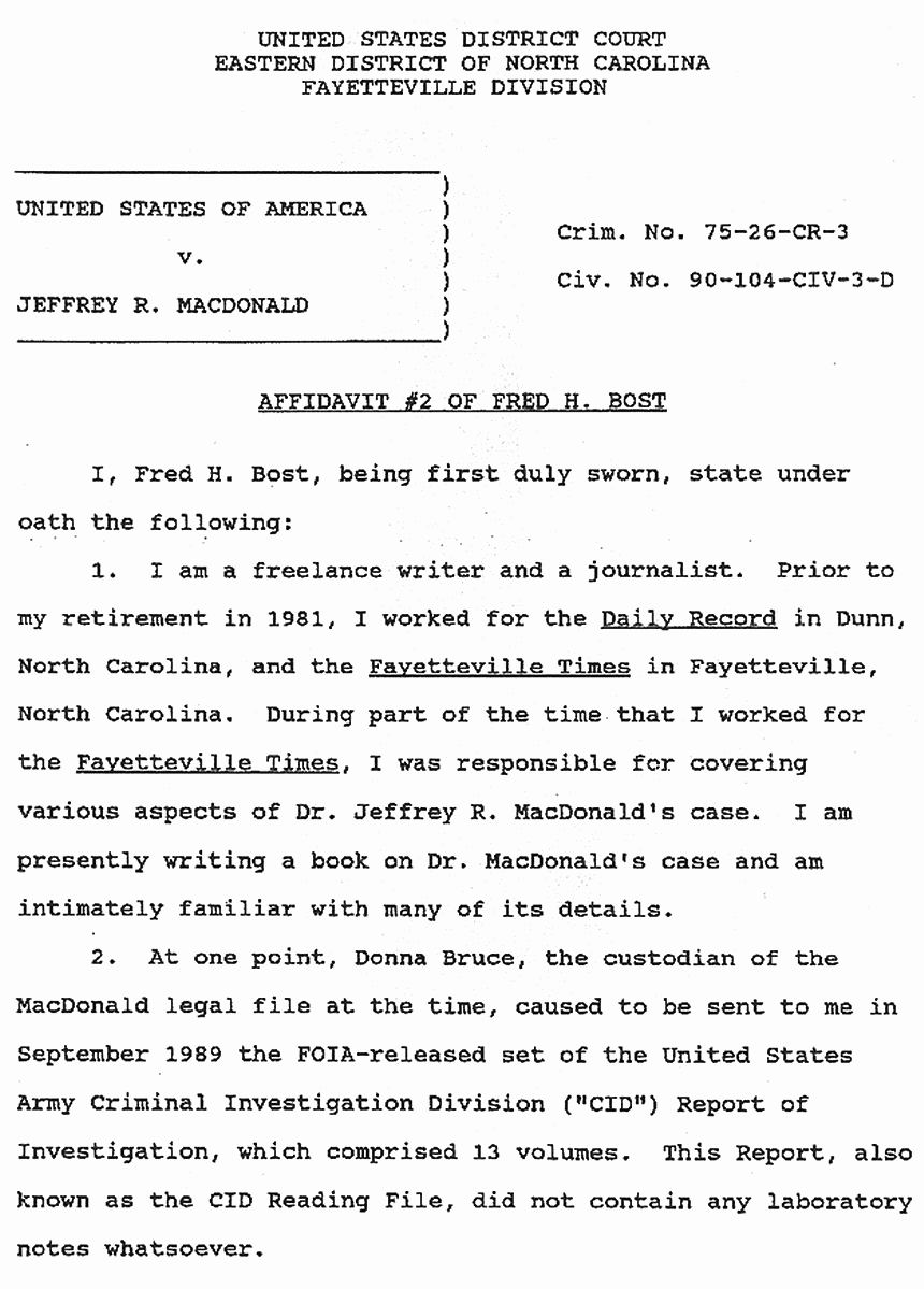 April 15, 1991: Affidavit #2 of Fred Bost re: FOIA-released CID Report p. 1 of 2
