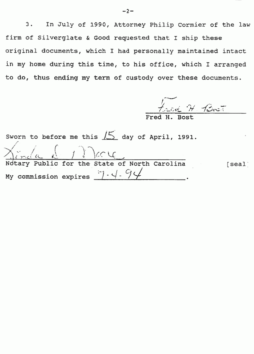 April 15, 1991: Affidavit #2 of Fred Bost re: FOIA-released CID Report p. 2 of 2
