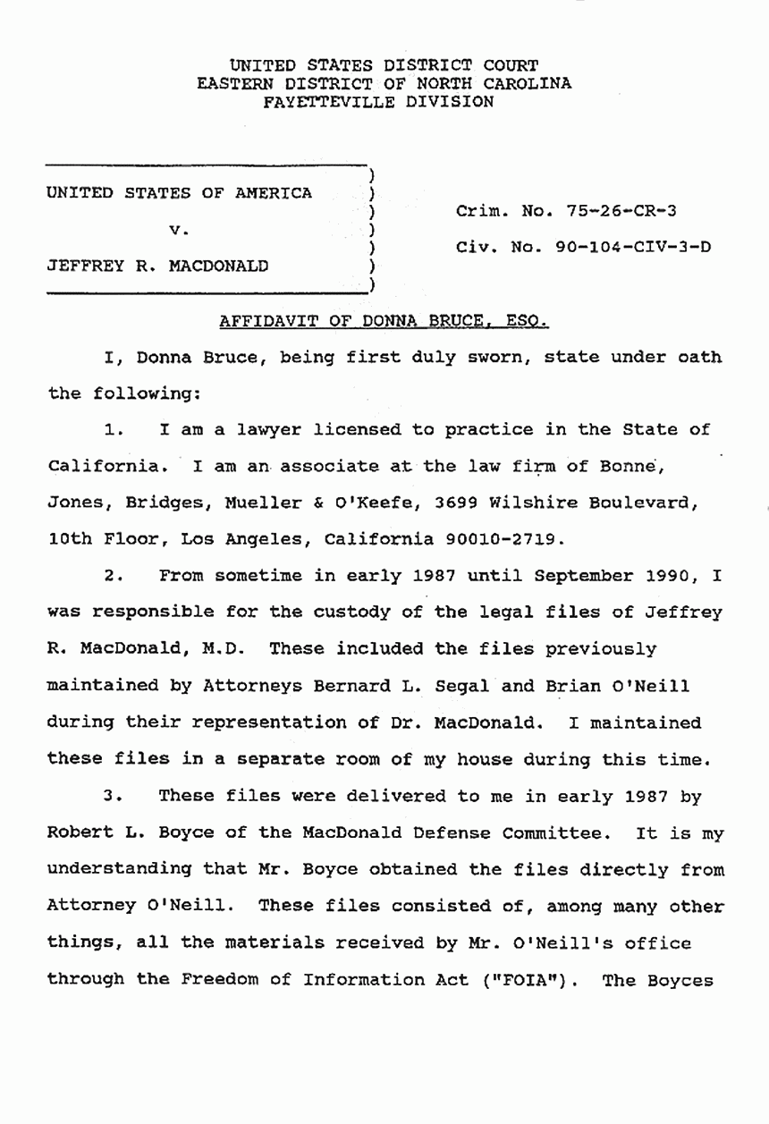 April 15, 1991: Affidavit of Donna Bruce re: Custody of Documents p. 1 of 2