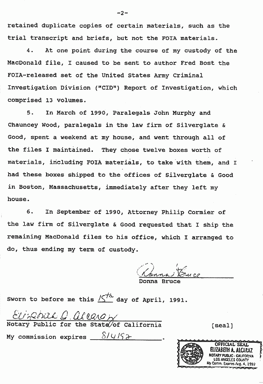 April 15, 1991: Affidavit of Donna Bruce re: Custody of Documents p. 2 of 2