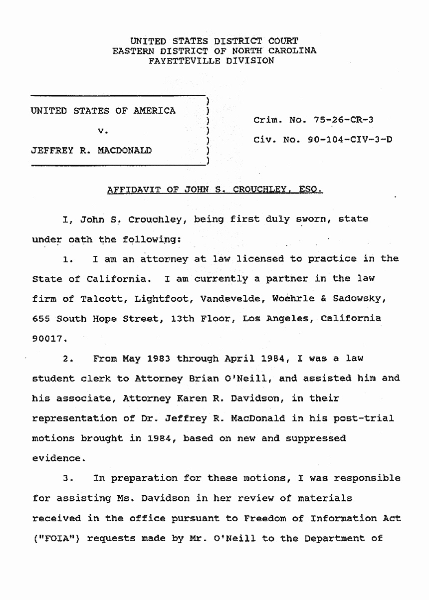 April 15, 1991: Affidavit of John Crouchley re: Lab notes of Janice Glisson (CID), p. 1 of 4
