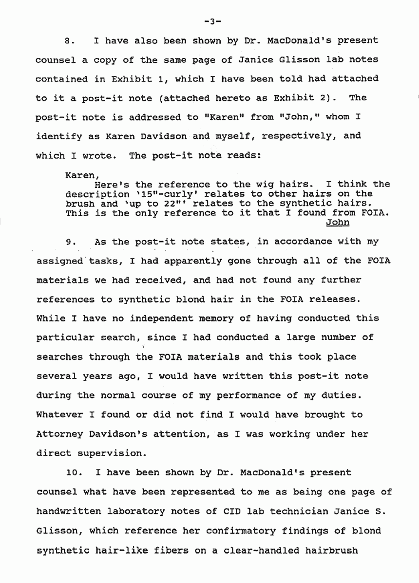 April 15, 1991: Affidavit of John Crouchley re: Lab notes of Janice Glisson (CID), p. 3 of 4