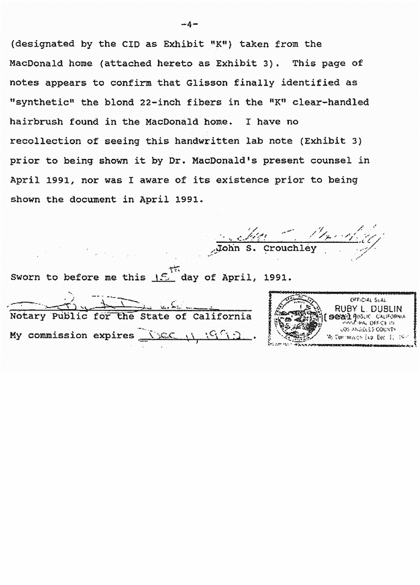 April 15, 1991: Affidavit of John Crouchley re: Lab notes of Janice Glisson (CID), p. 4 of 4