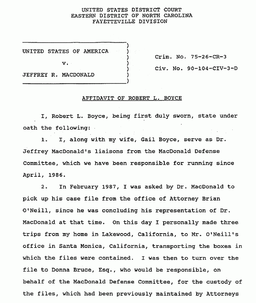 April 16, 1991: Affidavit of Robert Boyce re: Custody of Documents p. 1 of 2