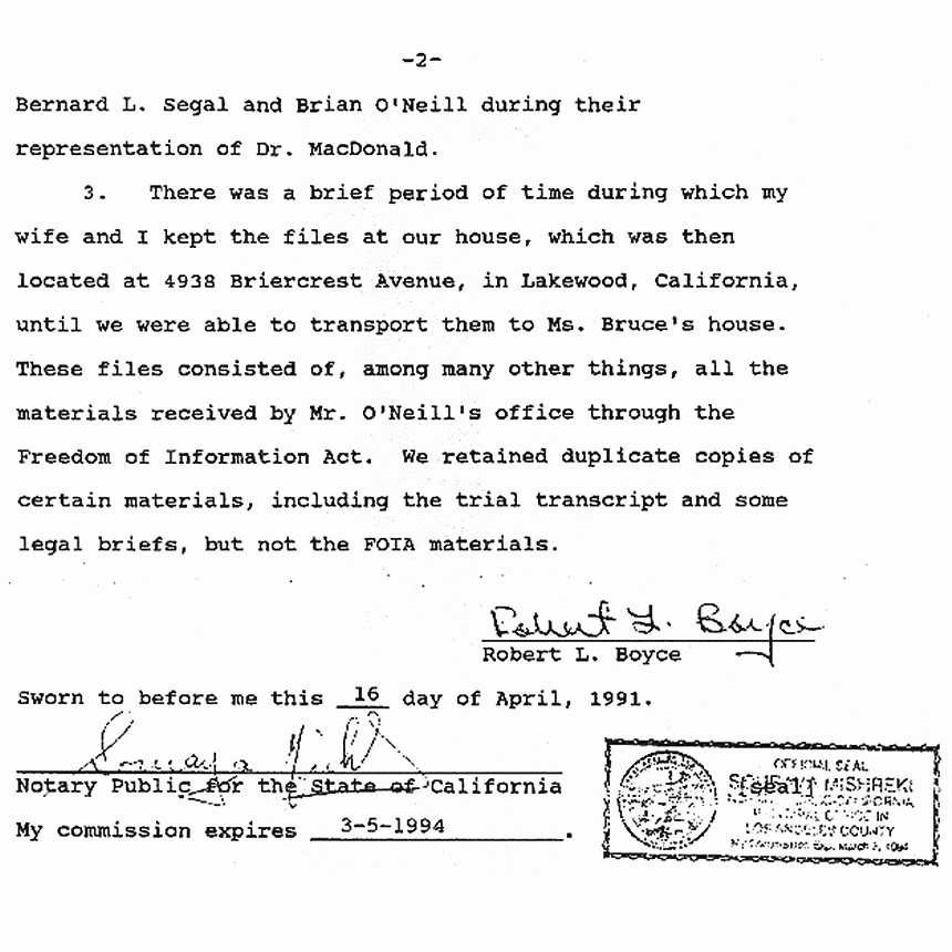 April 16, 1991: Affidavit of Robert Boyce re: Custody of Documents p. 2 of 2