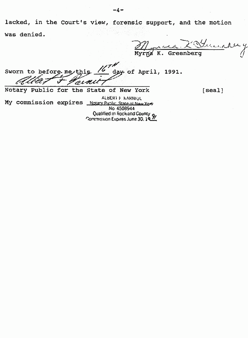 April 16, 1991: Affidavit of Myrna Greenberg re: Lab notes of Janice Glisson (CID), p. 4 of 4