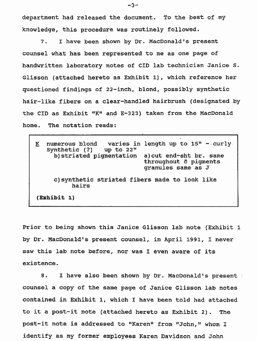 April 16, 1991: Affidavit of Brian O'Neill re: Lab notes of Janice Glisson (CID) p. 3 of 6