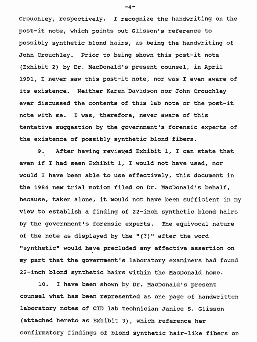 April 16, 1991: Affidavit of Brian O'Neill re: Lab notes of Janice Glisson (CID), p. 4 of 6