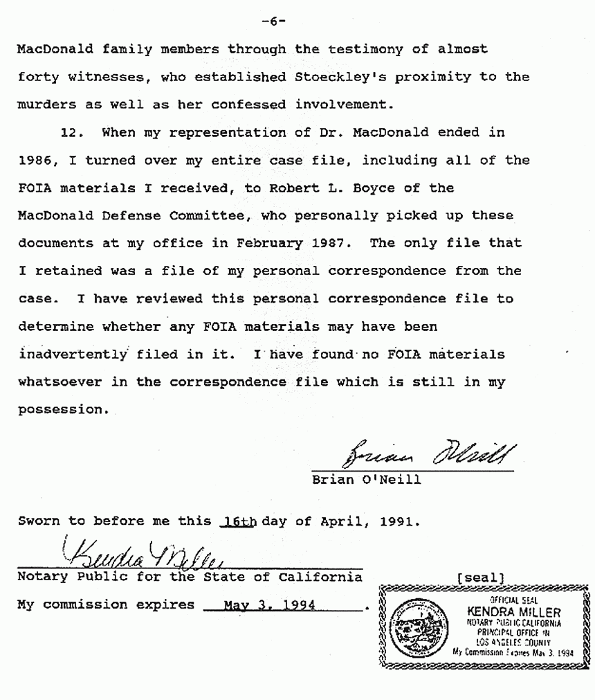 April 16, 1991: Affidavit of Brian O'Neill re: Lab notes of Janice Glisson (CID), p. 6 of 6