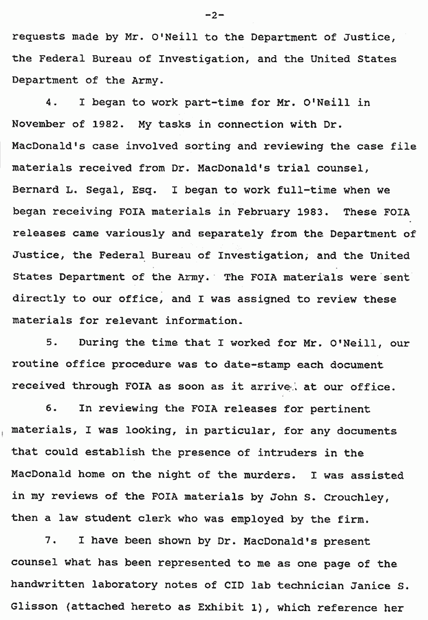 May 9, 1991: Affidavit of Karen Davidson re: Lab notes of Janice Glisson (CID) and James Frier (FBI) p. 2 of 7