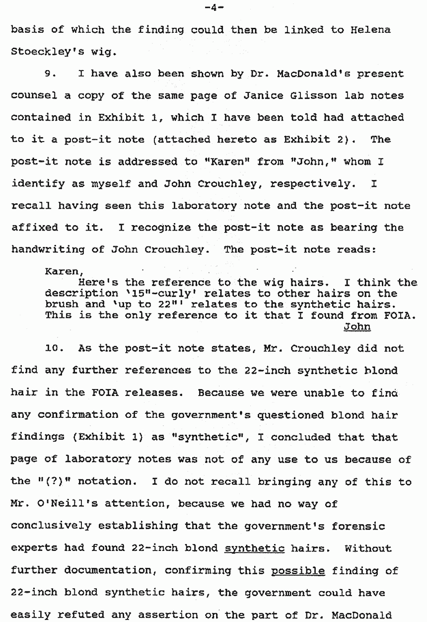 May 9, 1991: Affidavit of Karen Davidson re: Lab notes of Janice Glisson (CID) and James Frier (FBI) p. 4 of 7