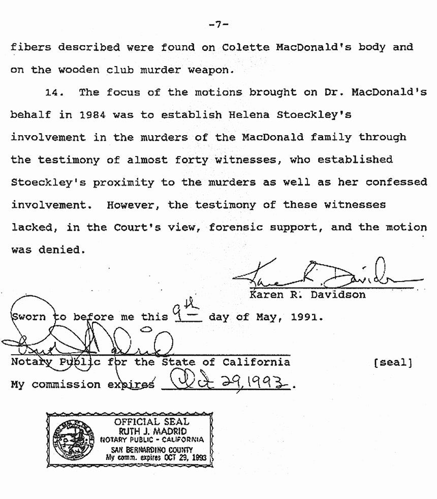 May 9, 1991: Affidavit of Karen Davidson re: Lab notes of Janice Glisson (CID) and James Frier (FBI) p. 7 of 7