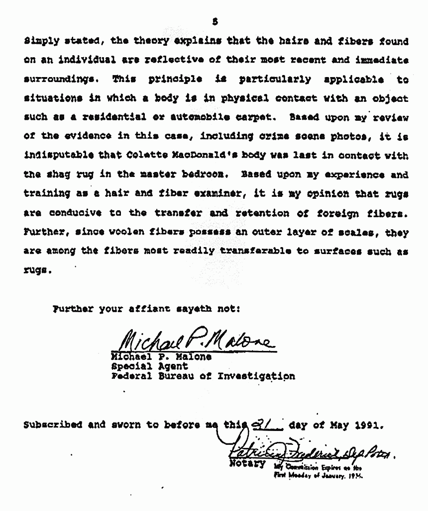May 21, 1991: Supplemental Affidavit of Michael Malone (FBI) re: Synthetic Fibers, p. 5 of 5