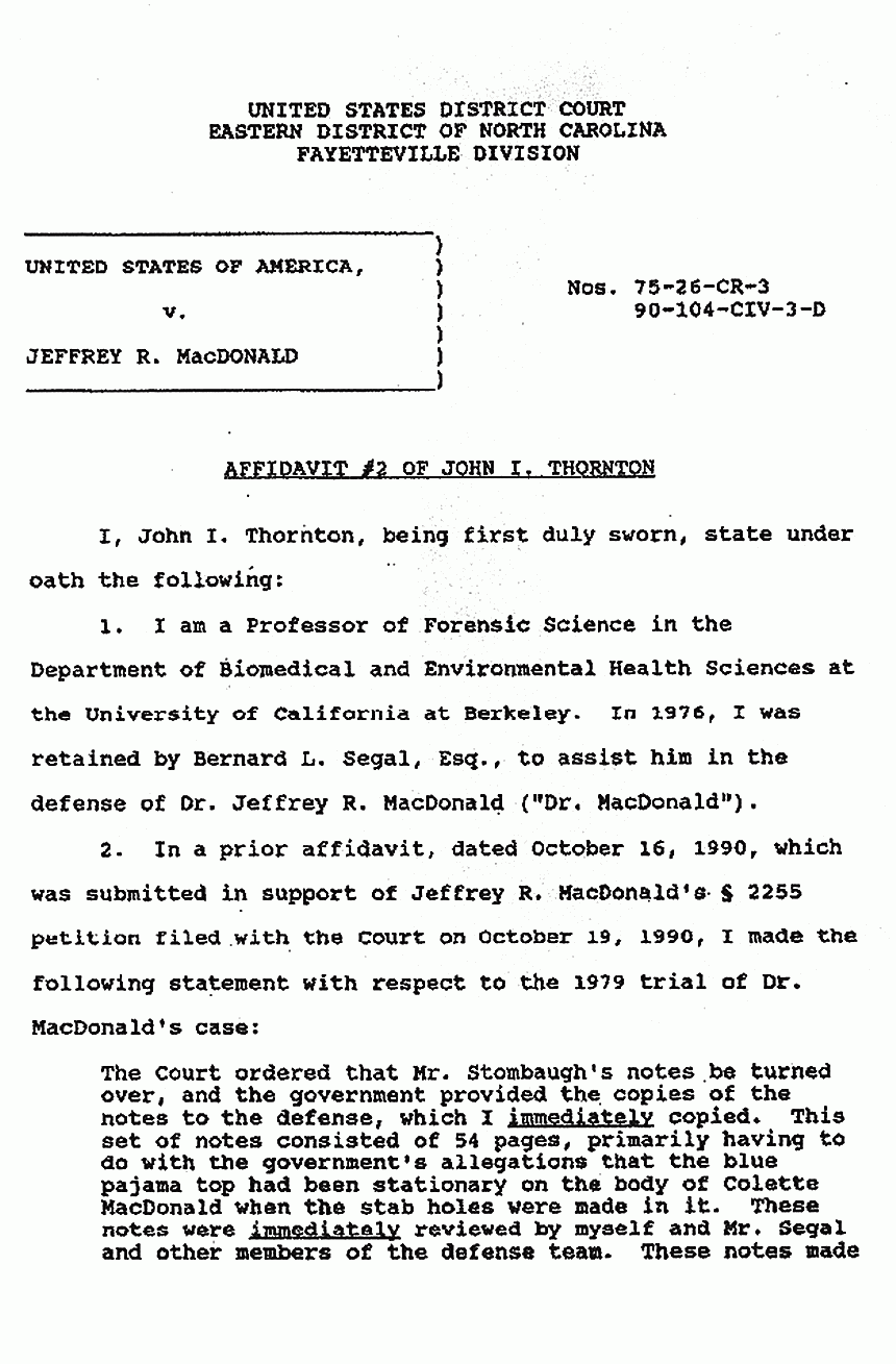 June 3, 1991: Affidavit #2 of John Thornton re: Clarifications to his Oct. 16, 1990 affidavit re: Bench notes p. 1 of 3