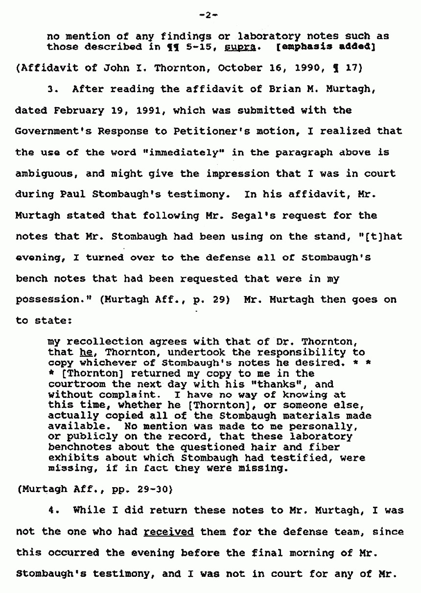 June 3, 1991: Affidavit #2 of John Thornton re: Clarifications to his Oct. 16, 1990 affidavit re: Bench notes p. 2 of 3
