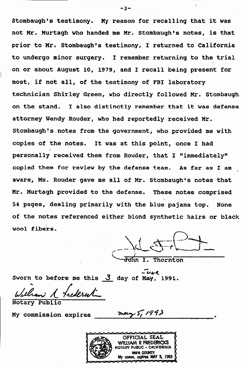 June 3, 1991: Affidavit #2 of John Thornton re: Clarifications to his Oct. 16, 1990 affidavit re: Bench notes p. 3 of 3