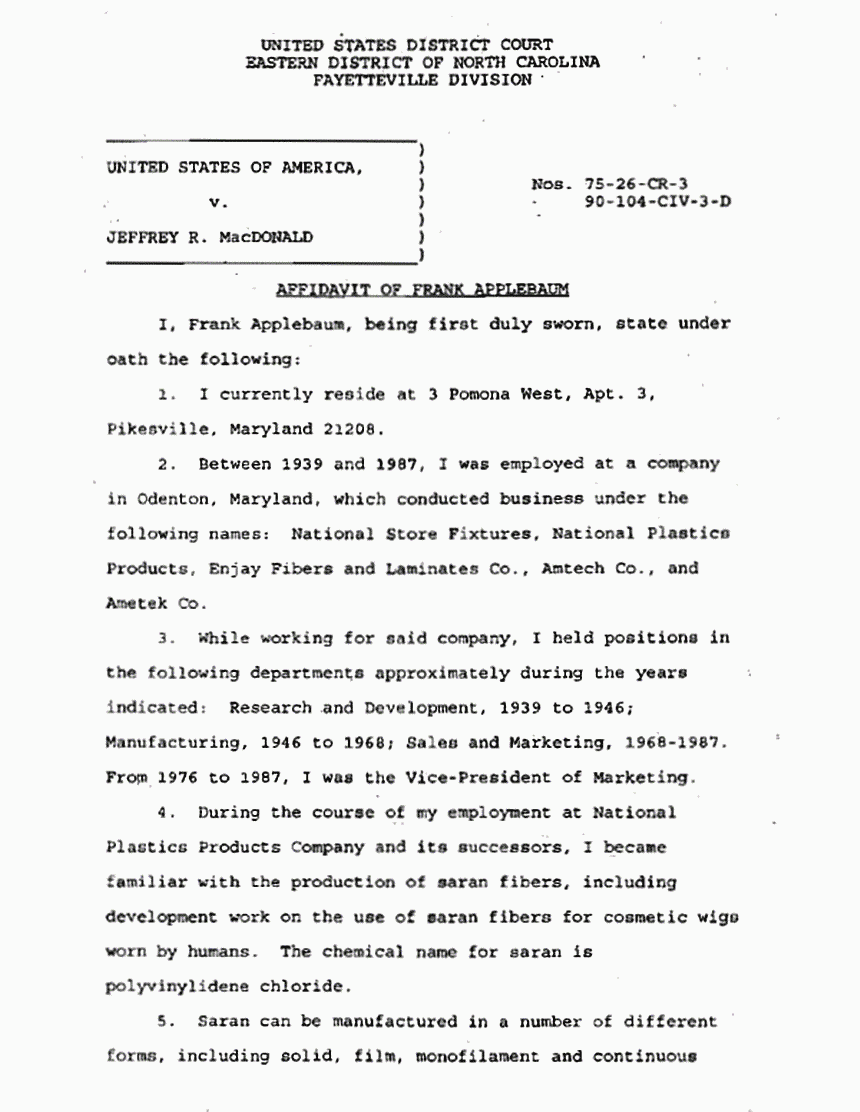 April 30, 1996: Affidavit of Frank Applebaum re: Synthetic Fibers p. 1 of 3