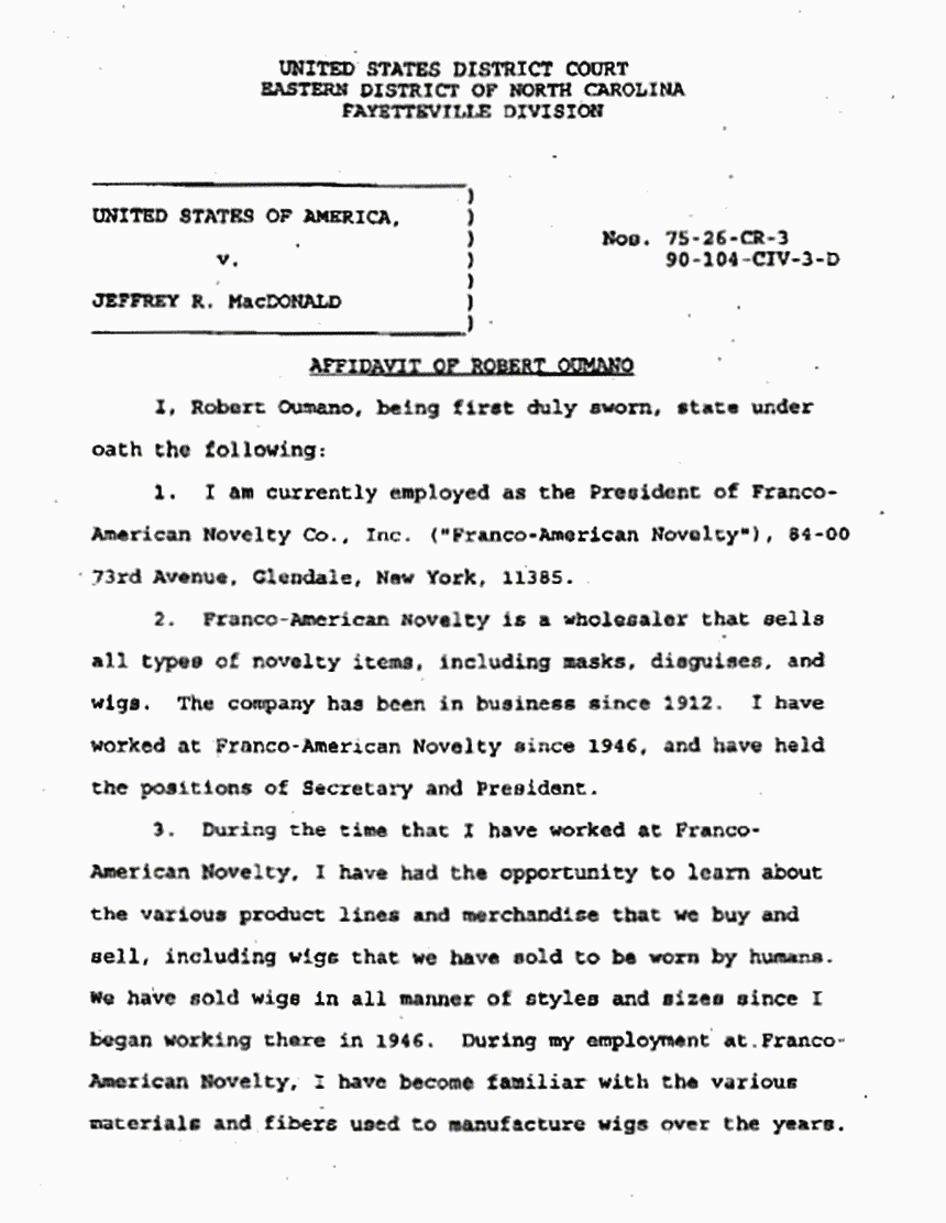 May 6, 1996: Affidavit of Robert Oumano re: Synthetic Fibers p. 1 of 3