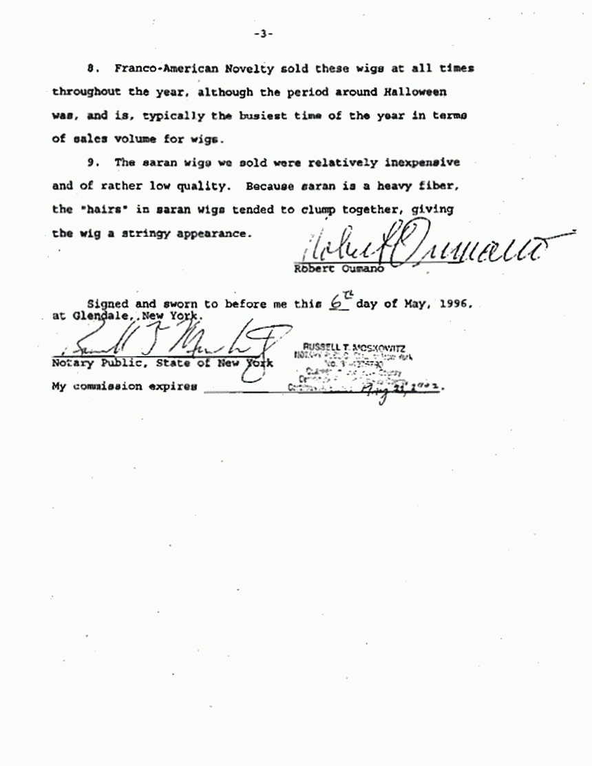 May 6, 1996: Affidavit of Robert Oumano re: Synthetic Fibers p. 3 of 3