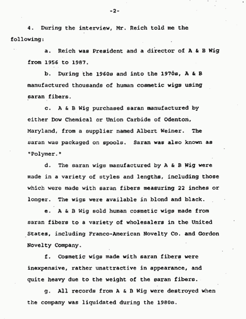 June 20, 1996: Affidavit of Marie Schembri re: Synthetic Fibers and the February 22, 1996 Interview of Norman Reich, p. 2 of 4