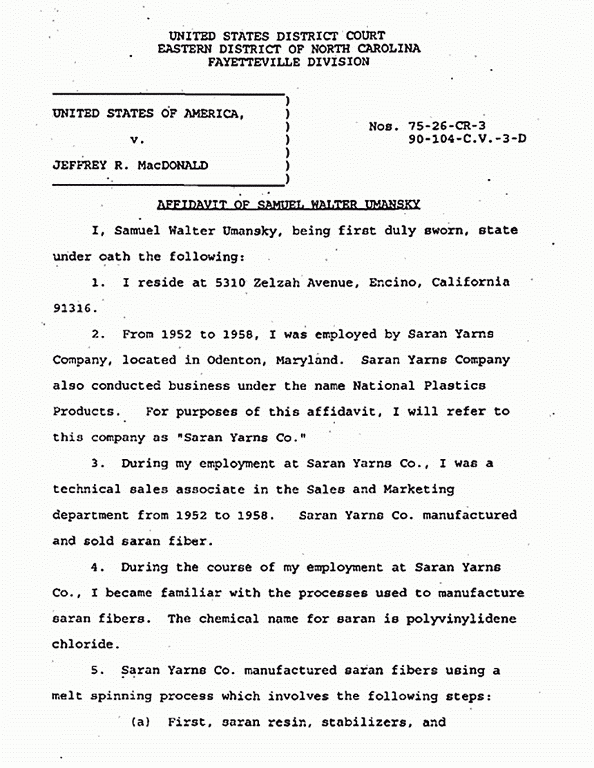 March 27, 1997: Affidavit of Samuel Walter Umansky re: Saran Fibers, p. 1 of 6
